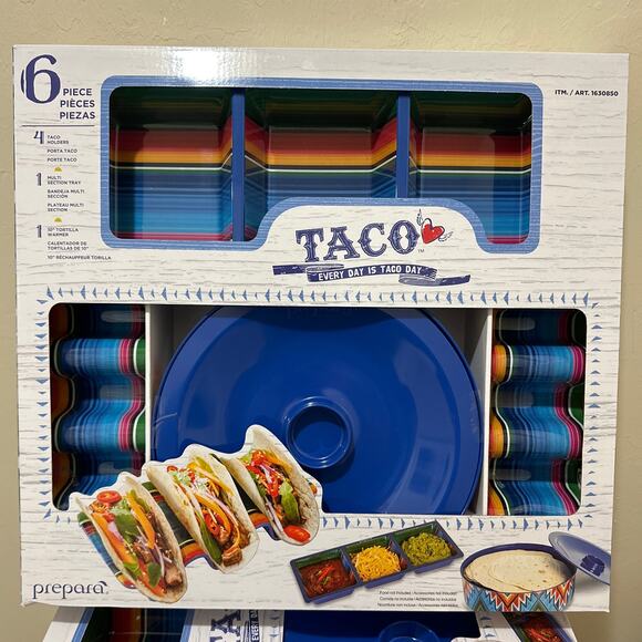 NWT Prepara 6 Piece White Blue Mexican Mosaic Melamine Taco Serving Gift Set - Picture 6 of 6